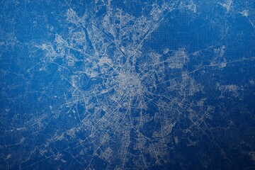 Stylized map of the streets of Moscow (Russia) made with white lines on abstract blue background lit by two lights. Top view. 3d render, illustration
