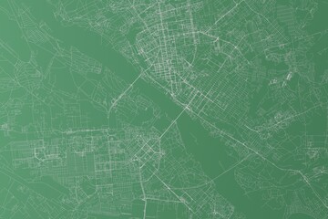 Stylized map of the streets of Novosibirsk (Russia) made with white lines on green background. Top view. 3d render, illustration
