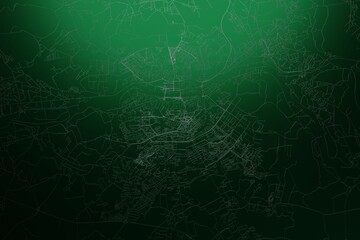 Street map of Smolensk (Russia) engraved on green metal background. Light is coming from top. 3d render, illustration