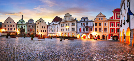 Panorama of Cesky Krumlov square at night, Czech republic