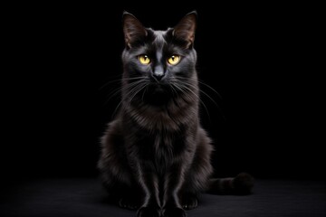 Beautiful black cat on a black background. Close-up.