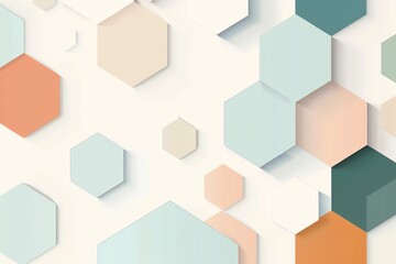 Overlapping squares and hexagons, flat design, rule of thirds, white background, subtle hues, vector graphic