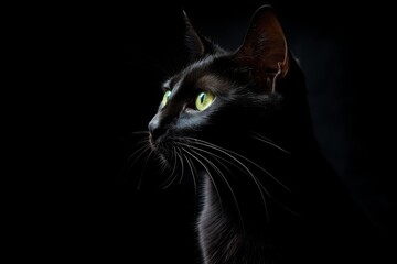 Beautiful black cat on a black background. Close-up.