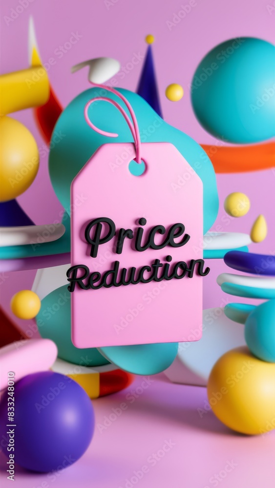 Poster a price reduction sign with colorful objects around it, ai