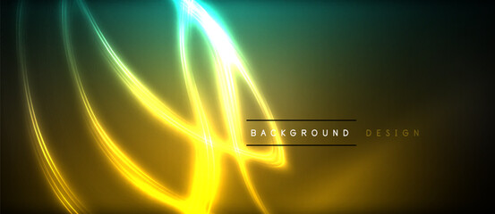 Neon glowing circle rays, light round lines in the dark, planet style neon wave lines. Energetic electric concept design for wallpaper, banner, background