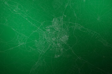 Map of the streets of Zaragoza (Spain) made with white lines on abstract green background lit by two lights. Top view. 3d render, illustration