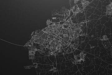 Street map of Malmo (Sweden) on black paper with light coming from top