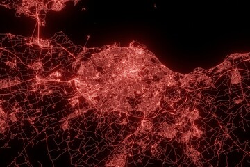 Street map of Edinburgh (UK) made with red illumination and glow effect. Top view on roads network. 3d render, illustration