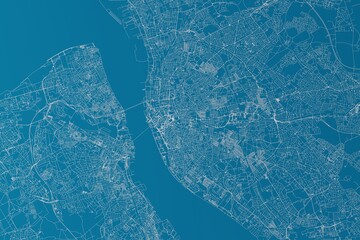 Map of the streets of Liverpool (UK) made with white lines on blue background. 3d render, illustration