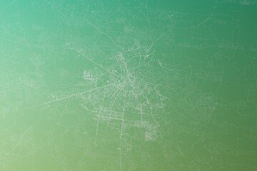 Map of the streets of Lviv (Ukraine) made with white lines on yellowish green gradient background. Top view. 3d render, illustration