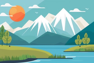 Obraz premium Scenic illustration of a tranquil mountain landscape with snow-capped peaks, lush greenery, and a serene river under a bright sun.