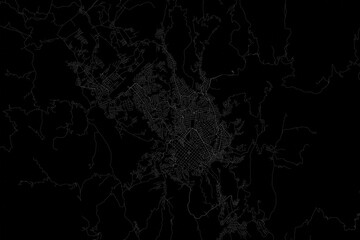 Stylized map of the streets of Sucre (Bolivia) made with white lines on black background. Top view. 3d render, illustration