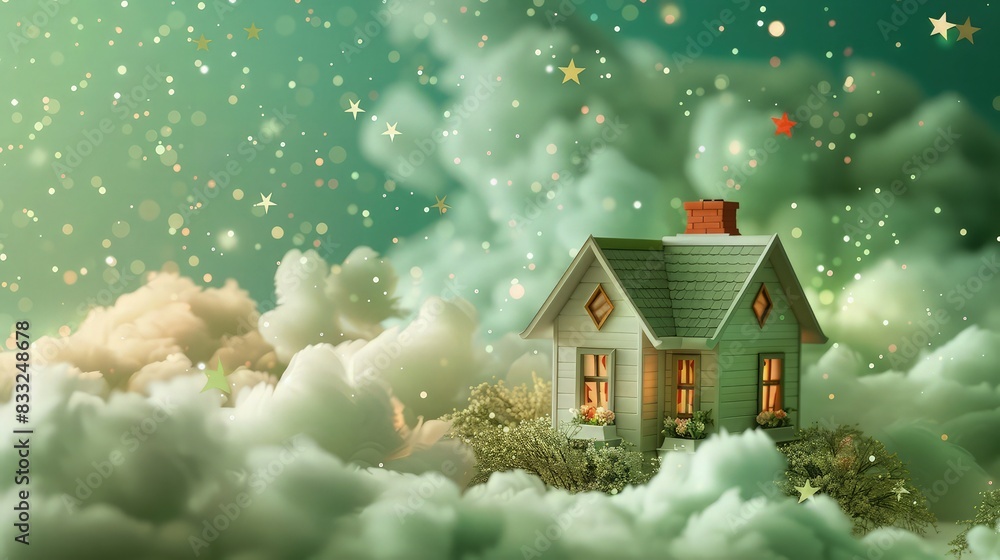 Poster a beautiful little house with a backdrop of soft green artificial clouds and a sprinkling of small, 