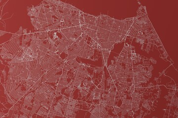Fototapeta premium Map of the streets of Fortaleza (Brazil) made with white lines on red background. Top view. 3d render, illustration