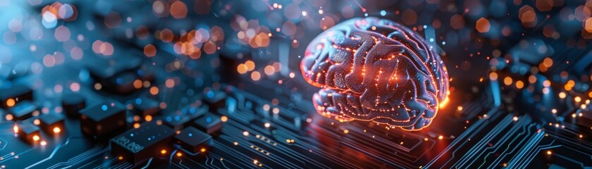 Futuristic AI Brain on Circuit Board Computer - Technology, Digital Intelligence, Advanced Robotics Concept