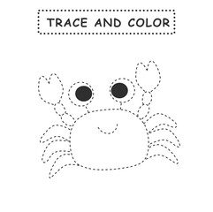 Trace and color for children. Handwriting practice. Coloring page for kids. Preschool worksheet with cute crab illustration.