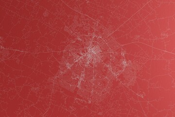 Map of the streets of Lexington (Kentucky, USA) made with white lines on red paper. Top view, rough background. 3d render, illustration