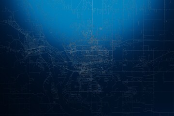 Street map of Bismarck (North Dakota, USA) engraved on blue metal background. View with light coming from top. 3d render, illustration