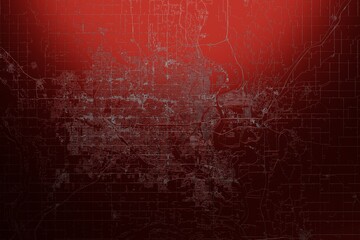 Street map of Omaha (Nebraska, USA) engraved on red metal background. Light is coming from top. 3d render, illustration