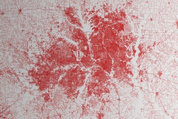 Map of the streets of Dallas and Fort Worth (Texas, USA) made with red lines on white paper. 3d render, illustration