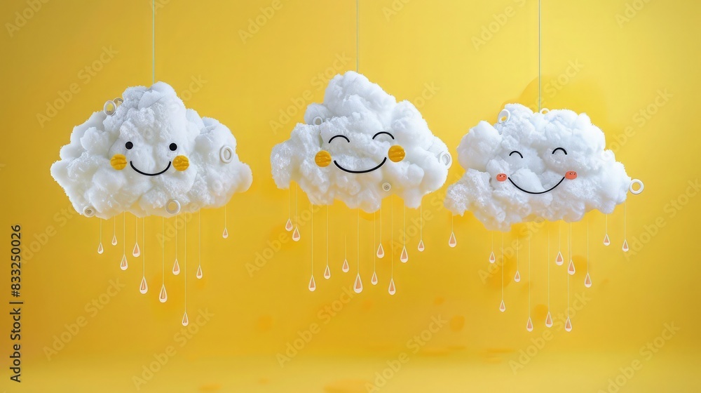 Poster a charming cloud composition with three different emoji expressions made from clouds, accompanied by