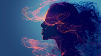 Silhouette beautiful woman on abstract blue color background