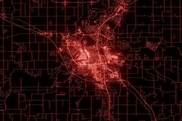 Street map of Eau Claire (Wisconsin, USA) made with red illumination and glow effect. Top view on roads network. 3d render, illustration