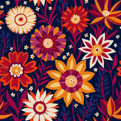 Floral Seamless Random Pattern of Fantasy Flowers in Bohemian style in Magenta, Yellow, White, Red Colors on Dark Blue, Great for Textiles, Surfaces, Wallpapers, Wrapping Papers, Fabrics, Prints.