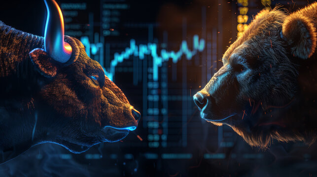 Bulls, Bears and the Stock Market Bull market, online stock exchange concept Gains from the growth or decrease in value of an asset.