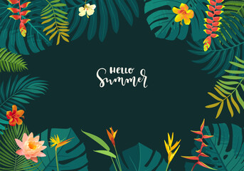 Hello Summer vector tropical jungle horizontal flyer, poster, banner template. Calligraphic summer design. Monstera, hibiscus, bird of paradise flowers, tropical plants. Summertime illustration