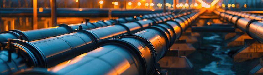 A warm sunset casts a golden glow on a network of industrial pipelines, reflecting the intersection of technology and nature.