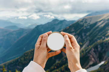 Mountain backdrop for a circular digital frame held by a woman.