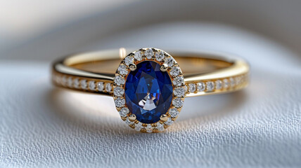 A closeup of a diamond studded gold ring with a large oval sapphire gemstone isolated over a white background.