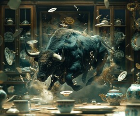 Powerful Bull Charging Through Delicate China Shop – Dynamic Scene of Chaos and Destruction
