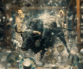 Powerful Bull Charging Through Delicate China Shop – Dynamic Scene of Chaos and Destruction