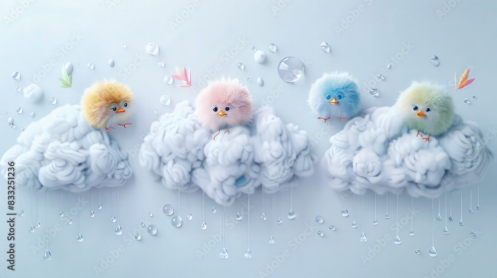 Poster a delightful display on a pristine white wall, with three sets of fluffy clouds, each decorated with