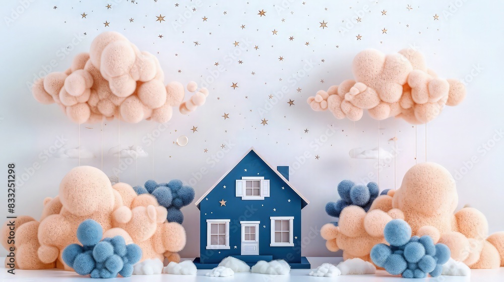 Poster a delightful house model under artificial indigo and peach clouds sprinkled with tiny stars, set aga