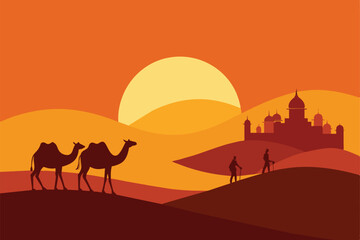 Sunset Arabic Desert Camel Caravan Muslim Islamic Culture vector Illustration
