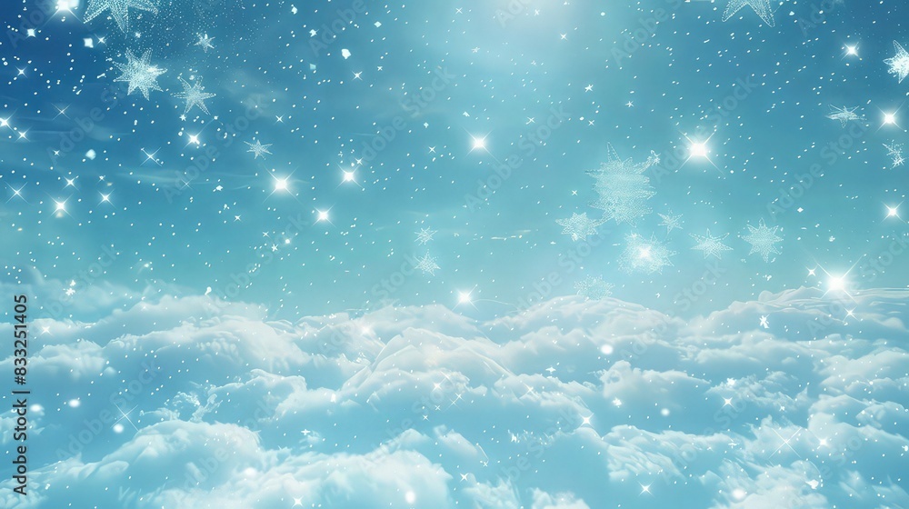 Poster a delightful scene of shiny stars and fluffy artificial clouds floating across a sky of ice blue, gi