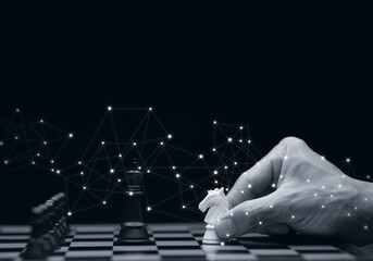 Business strategy competitive ideas concept, Chess game on chess board behind business background....