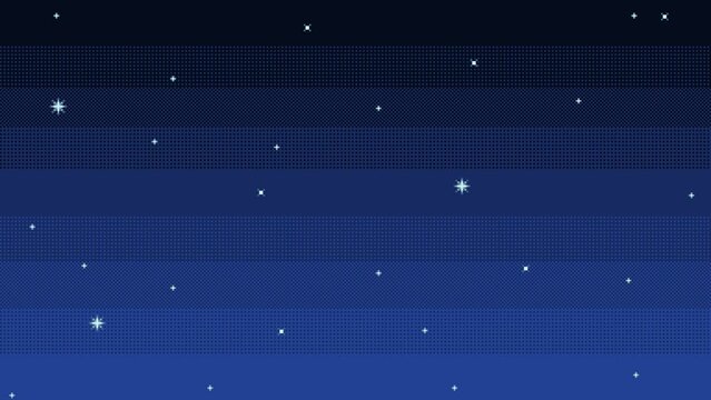 Pixel art night sky background. Animated retro 16-bit game evening backdrop with glowing stars. 4K Looping animation.