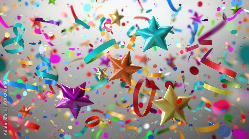 Poster a digital image featuring a burst of multi-colored confetti, with pieces in the shape of stars and c