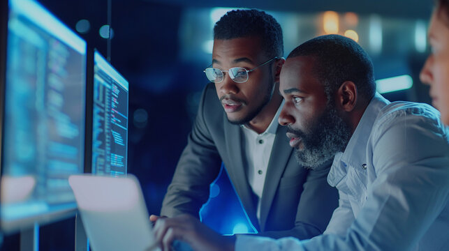 Mentor guiding protégé through a complex task on a laptop a dynamic and dramatic composition, with cope space