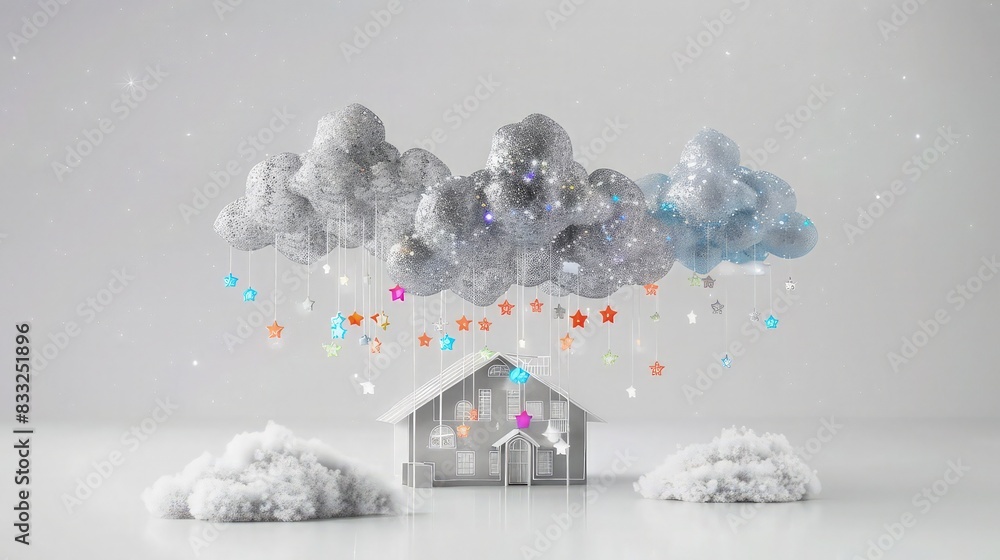 Poster a dreamy house model with a canopy of artificial silver clouds and multicolored twinkling stars, iso