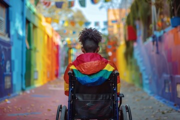 Obraz premium Guy in a wheelchair on a street painted with the colors of the rainbow. Social inclusion