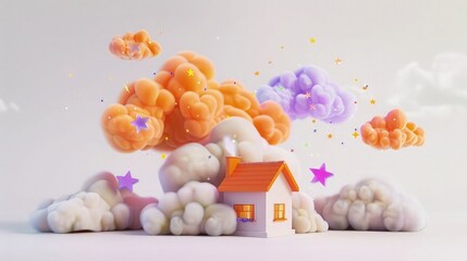 A dreamy small house model topped with soft orange and purple clouds and scattered colorful stars, isolated on a white background complemented by two small fluffy clouds.