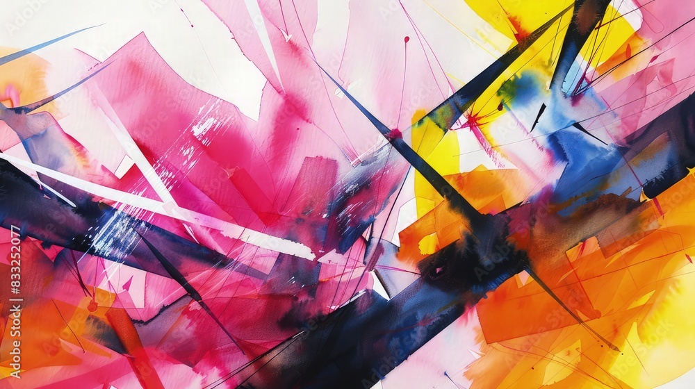 Poster a dynamic abstract watercolor painting on paper, with sharp, angular lines and bright contrasting co