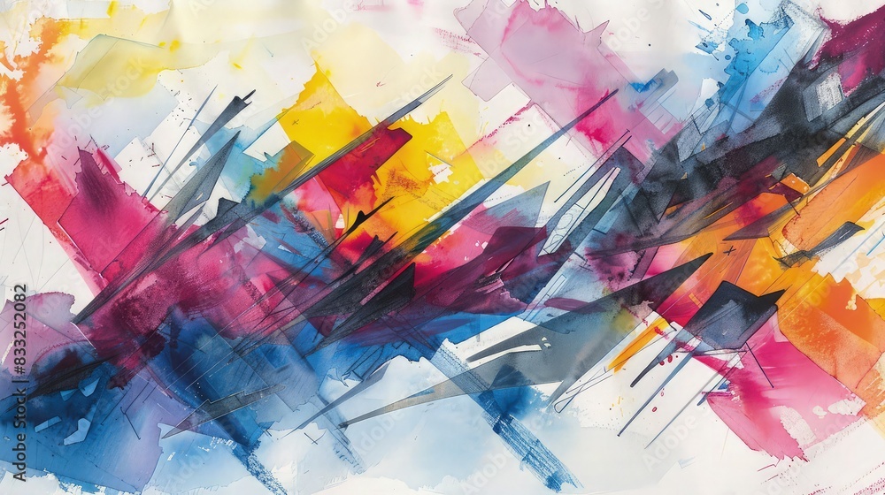 Poster a dynamic abstract watercolor painting on paper, with sharp, angular lines and bright contrasting co