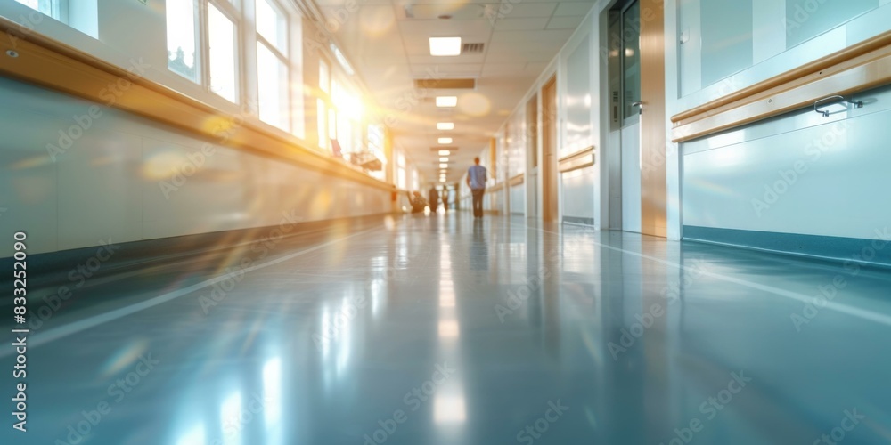 Wall mural bright hospital corridor with a shiny floor. ai.