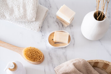 Top view of set of accessories for bath and personal hygiene